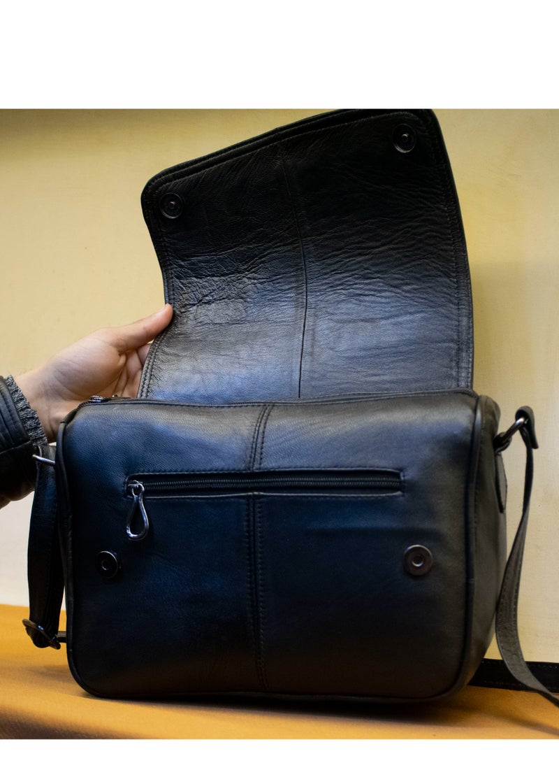 Large Black Genuine Leather Crossbody Bag – Elegant design with premium handmade quality.  ✔️ 100% genuine leather ✔️ Spacious size: 30×25 cm ✔️ Durable leather handle ✔️ 3 zippered compartments for easy organization ✔️ Magnetic closure for quick access 💼 Perfect for work, university, and daily use  🧵 Handmade with expert craftsmanship 🛡️ Guaranteed quality & after-sale support 🎁 A perfect gift for her  #LeatherBag #BlackCrossbody #GenuineLeather #HandmadeBag #EgyptianCraftsmanship #2025Fashion #LargeBag #ElegantStyle - Image 4