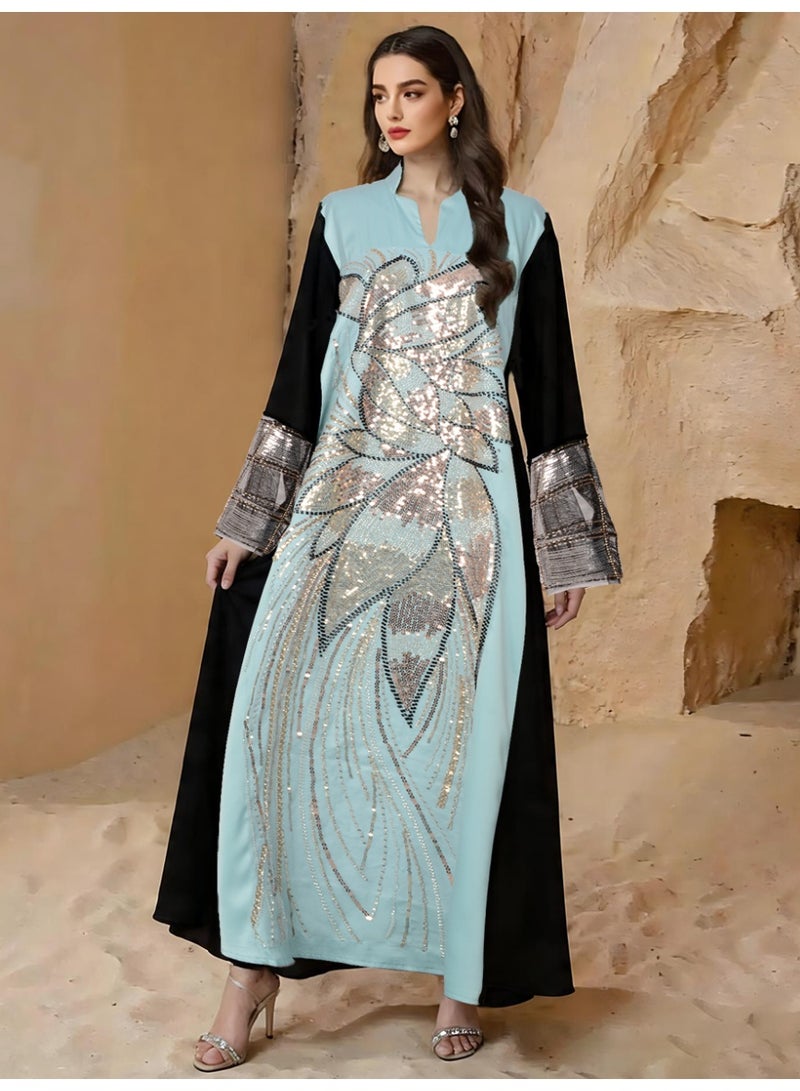 Kaiyuede Dubai Light Blue & Black Contrast Gold Sequin Embroidered Abaya | Mandarin Collar V-Neck Opaque Lined Modest Dress for Wedding & Eid - Image 1