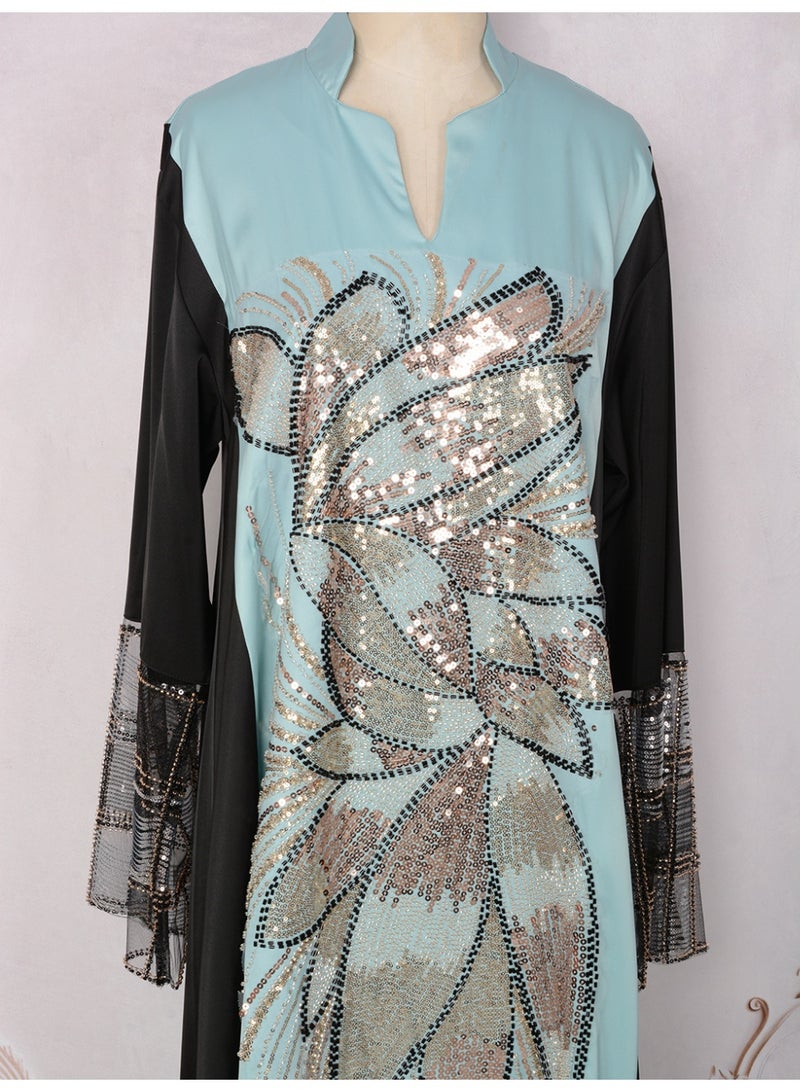 Kaiyuede Dubai Light Blue & Black Contrast Gold Sequin Embroidered Abaya | Mandarin Collar V-Neck Opaque Lined Modest Dress for Wedding & Eid - Image 2