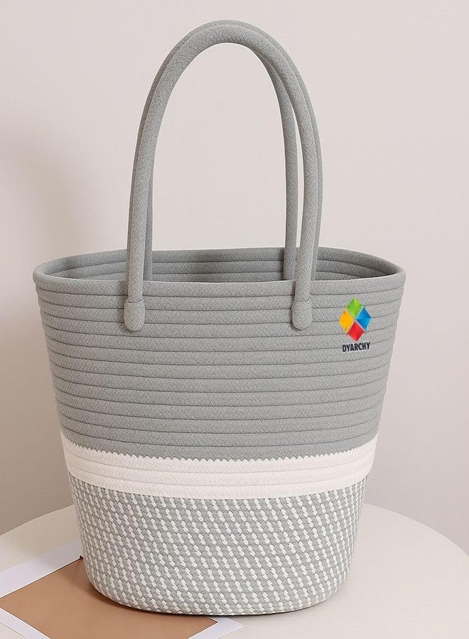 DYARCHY Cute Design Cotton Rope Storage Basket with Handles (GREYWHITE) - Image 1