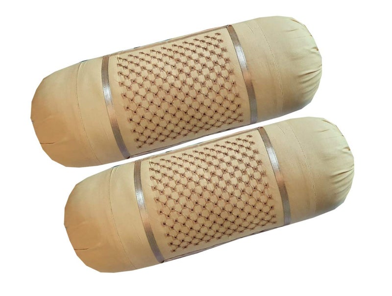 HSR Collection 100% Cotton Embroidered Stone Designed Bolster Cover - Set of 4, Beige & Pink - Image 2