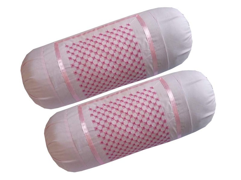 HSR Collection 100% Cotton Embroidered Stone Designed Bolster Cover - Set of 4, Beige & Pink - Image 3