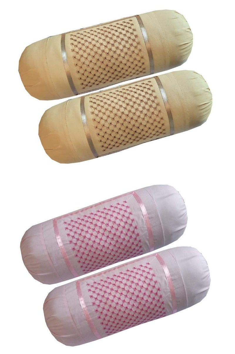 HSR Collection 100% Cotton Embroidered Stone Designed Bolster Cover - Set of 4, Beige & Pink - Image 5