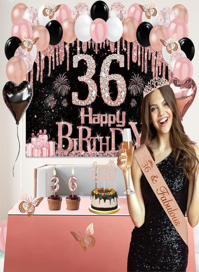 Juesly 36th Birthday Decorations for Women, 49pcs Black Rose Gold Black Happy 36th Birthday Banner, Tablecloth, Butterfly Decor, Sash and Tiara, Cake Topper, Candles, Balloons Arch - Image 2