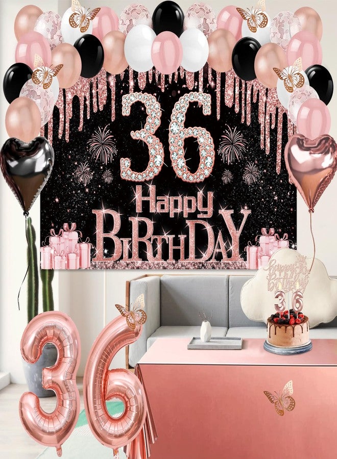 Juesly 36th Birthday Decorations for Women, 49pcs Black Rose Gold Black Happy 36th Birthday Banner, Tablecloth, Butterfly Decor, Sash and Tiara, Cake Topper, Candles, Balloons Arch - Image 5