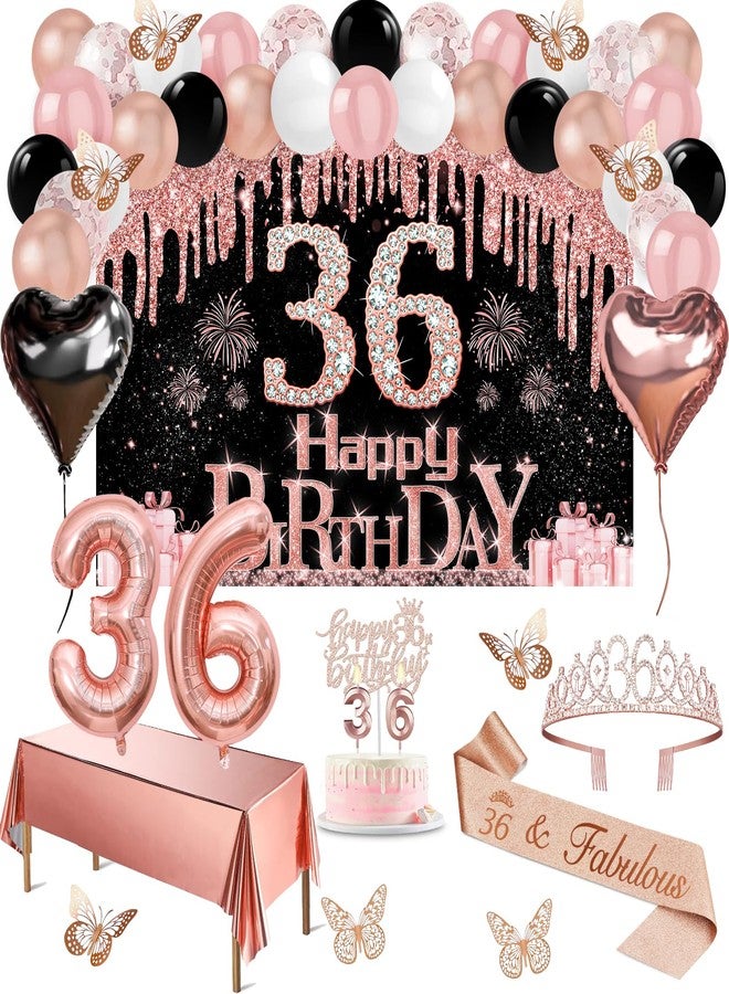 Juesly 36th Birthday Decorations for Women, 49pcs Black Rose Gold Black Happy 36th Birthday Banner, Tablecloth, Butterfly Decor, Sash and Tiara, Cake Topper, Candles, Balloons Arch - Image 1