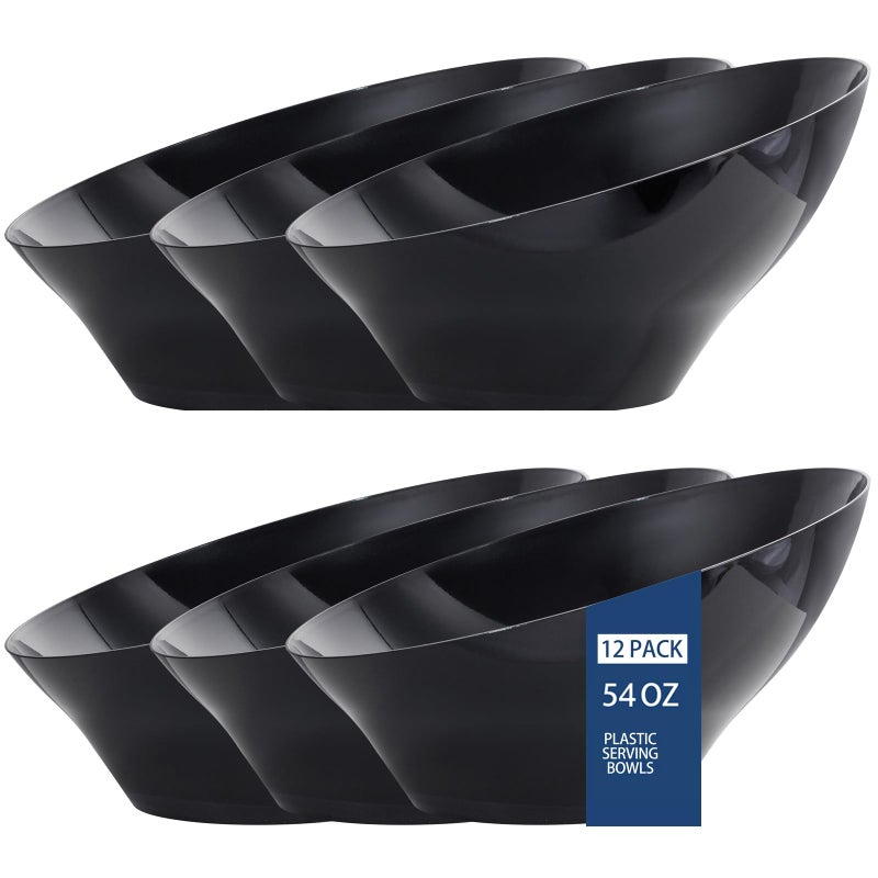 bUCLA 12 Pack Black Plastic Serving Bowls - 54 OZ Angled Bowls Disposable for Chip&Candy - Party Table Salad and Fruit for Party, Wedding & New Year - Image 1
