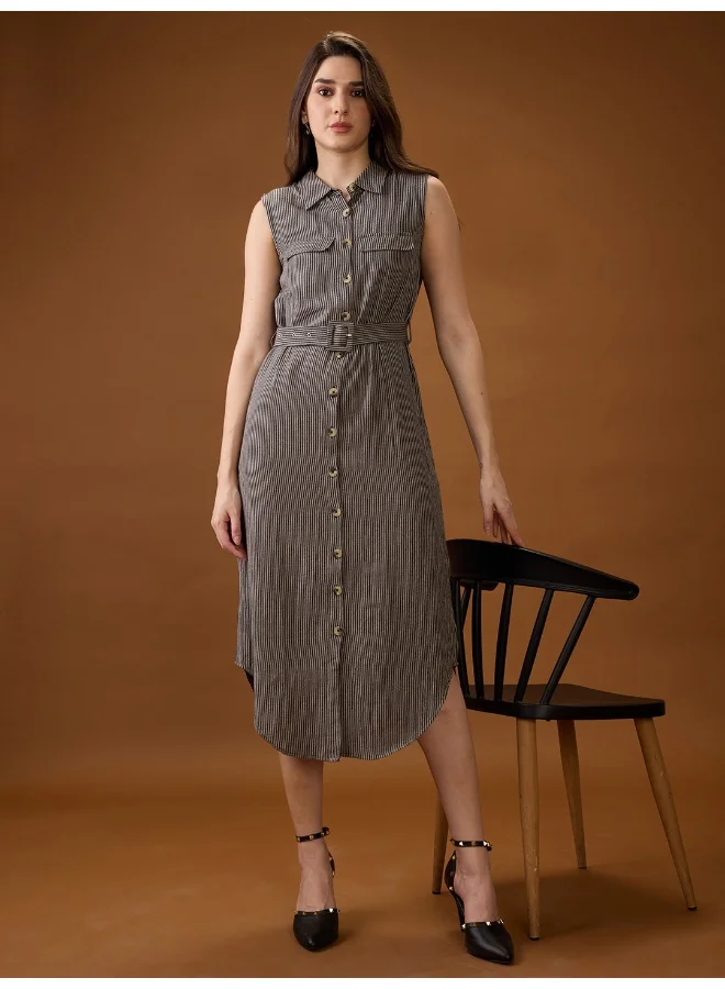 globus Women Black Collared Neck Sleeveless Checkered Curved Hem Midi Shirt Style Dress With Belt