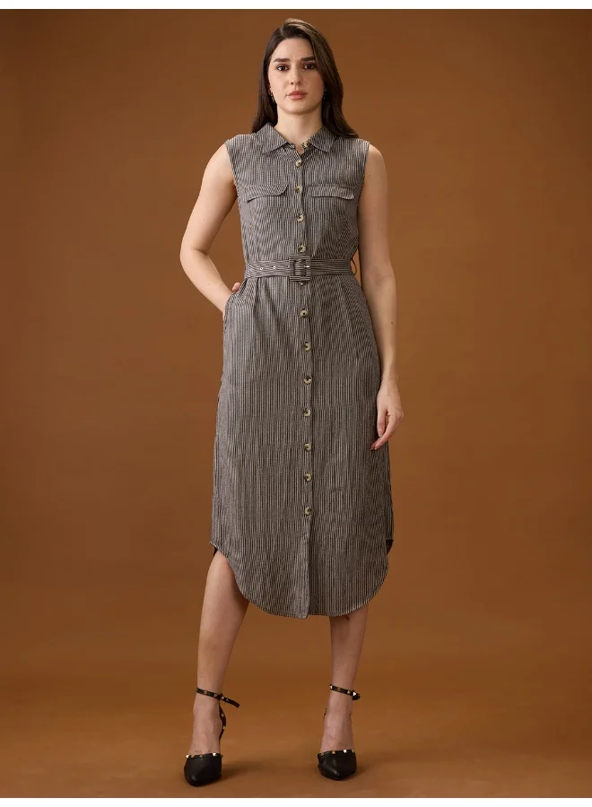 globus Women Black Collared Neck Sleeveless Checkered Curved Hem Midi Shirt Style Dress With Belt