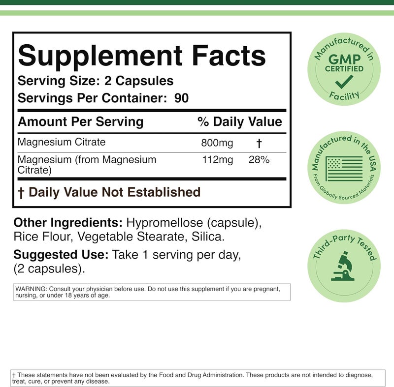 Double Wood Supplements [DoubleWd-MagnCit-800mg-180C] Magnesium Citrate 800mg, 180 Capsules, Digestion & Constipation Support, Vegan Safe, Non-GMO, Double Wood Supplements - Image 2