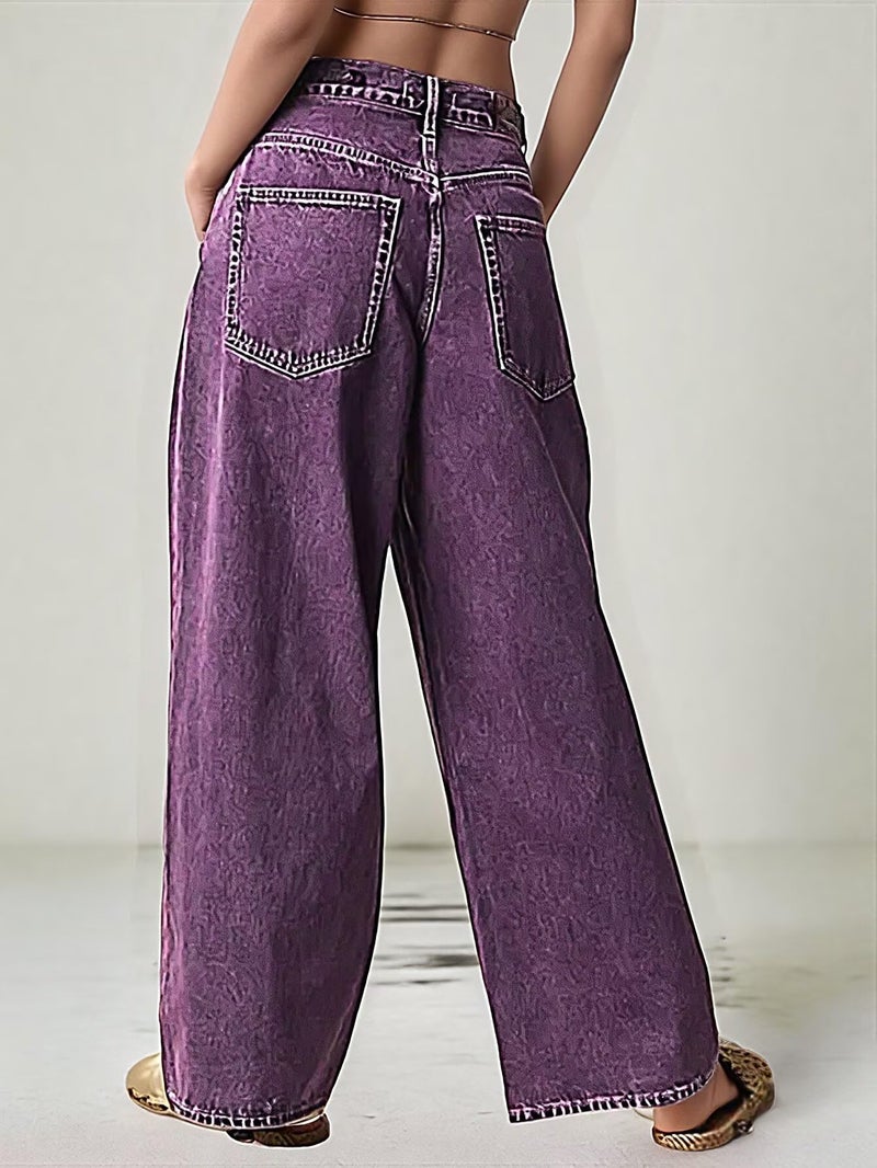 Flamingals Wide Leg Jeans for Women Mid Waist Baggy Stitch Decor Denim Washed Pants Without Belt Purple XL - Image 4