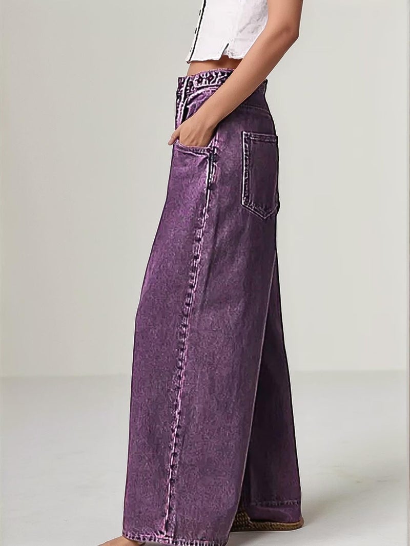 Flamingals Wide Leg Jeans for Women Mid Waist Baggy Stitch Decor Denim Washed Pants Without Belt Purple XL - Image 3