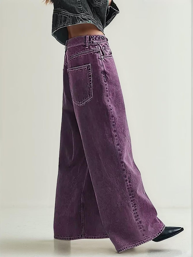 Flamingals Wide Leg Jeans for Women Mid Waist Baggy Stitch Decor Denim Washed Pants Without Belt Purple XL - Image 5