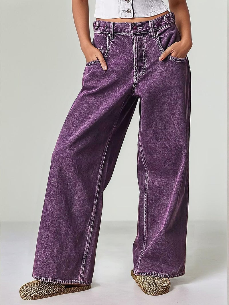 Flamingals Wide Leg Jeans for Women Mid Waist Baggy Stitch Decor Denim Washed Pants Without Belt Purple XL - Image 2