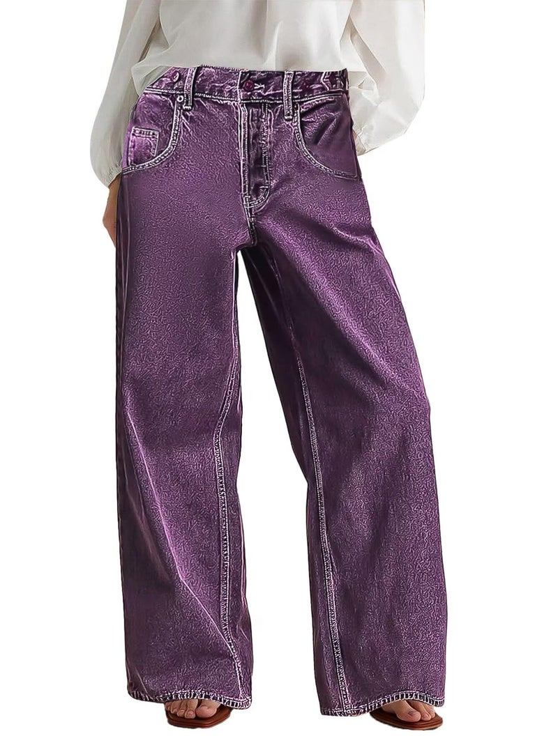 Flamingals Wide Leg Jeans for Women Mid Waist Baggy Stitch Decor Denim Washed Pants Without Belt Purple XL - Image 1