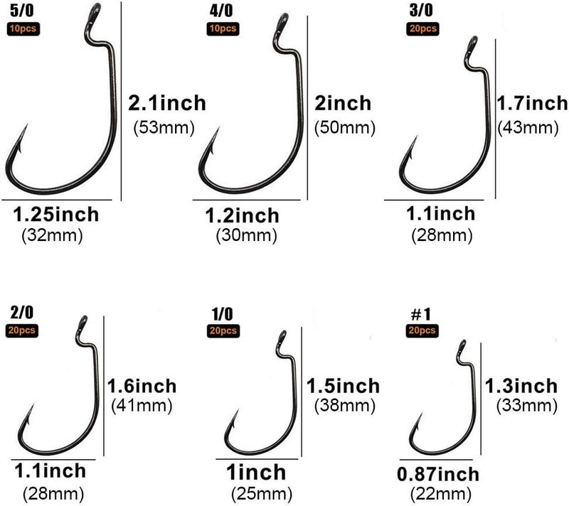 UCEC Fishing Hooks, 140PCS/ 100PCS/ 60PCS EWG Offset Worm Hooks Bass Hooks Wide Gap 2X Strong Senko Bait Texas Rig Jig Fish Hooks for Bass Trout Saltwater Freshwater Size:#4#2#1 1/0 2/0 3/0 4/0 5/0 - Image 4