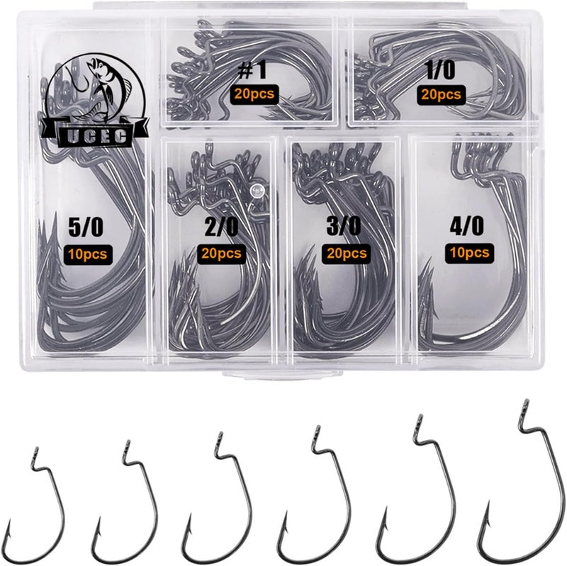UCEC Fishing Hooks, 140PCS/ 100PCS/ 60PCS EWG Offset Worm Hooks Bass Hooks Wide Gap 2X Strong Senko Bait Texas Rig Jig Fish Hooks for Bass Trout Saltwater Freshwater Size:#4#2#1 1/0 2/0 3/0 4/0 5/0 - Image 1