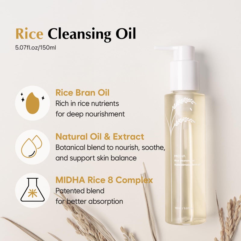 MIDHA RICE CLEANSING OIL 5.07fl.oz/150ml, Gentle Makeup Remover, Hydrating, Lightweight, Plant-Based, Moisturising, First-Step Cleanser, Balanced Skin with Residue-Free, Sebum Care Formula - Image 2
