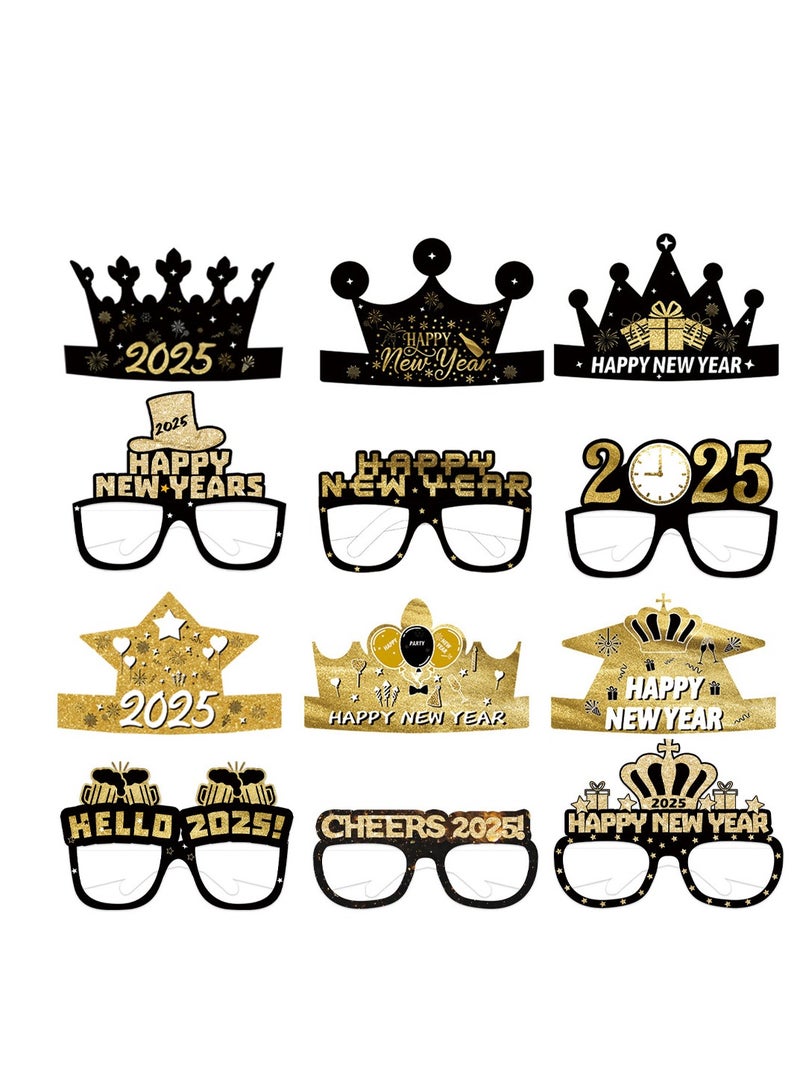 Y&D - 12 Pcs Happy New Year Eyeglasses Hats Hello 2025 Party Paper Glasses Black Gold Glitter New Years Eve Party Supplies  New Years Party Favors Costume Party  Decorations - Image 1