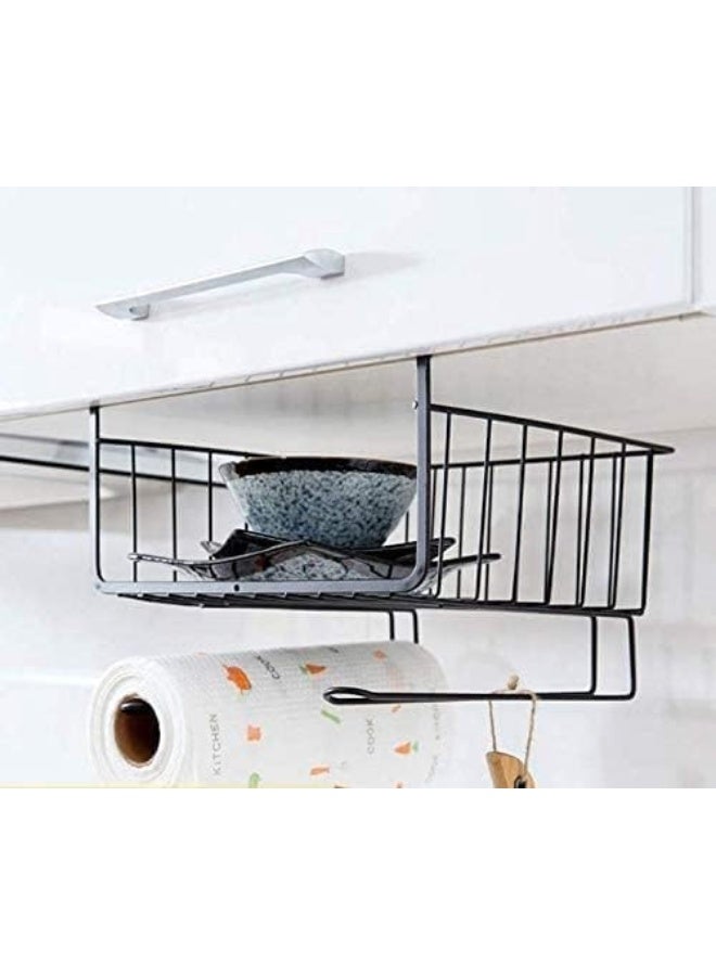 SHOWAY Rack Storage Organizer, with 2 Tier Hanging Rails 5 Hooks and Basket for Kitchen Cookware Utensils Under Shelf Holder, Assorted colors - Image 2