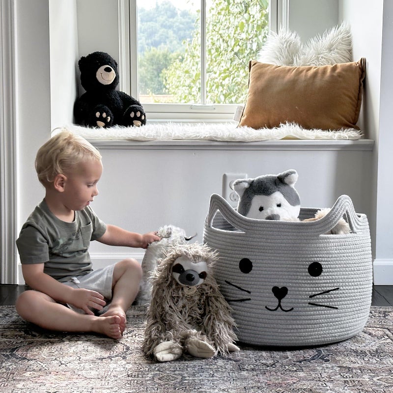 HiChen Large Woven Cotton Rope Storage Basket, Baby Laundry Basket Organizer for Towels, Blanket, Toys, Clothes, Gifts | Pet Gift Baskets for Cat, Dog - 15.7" LÃ—11.8" H, Gray - Image 2