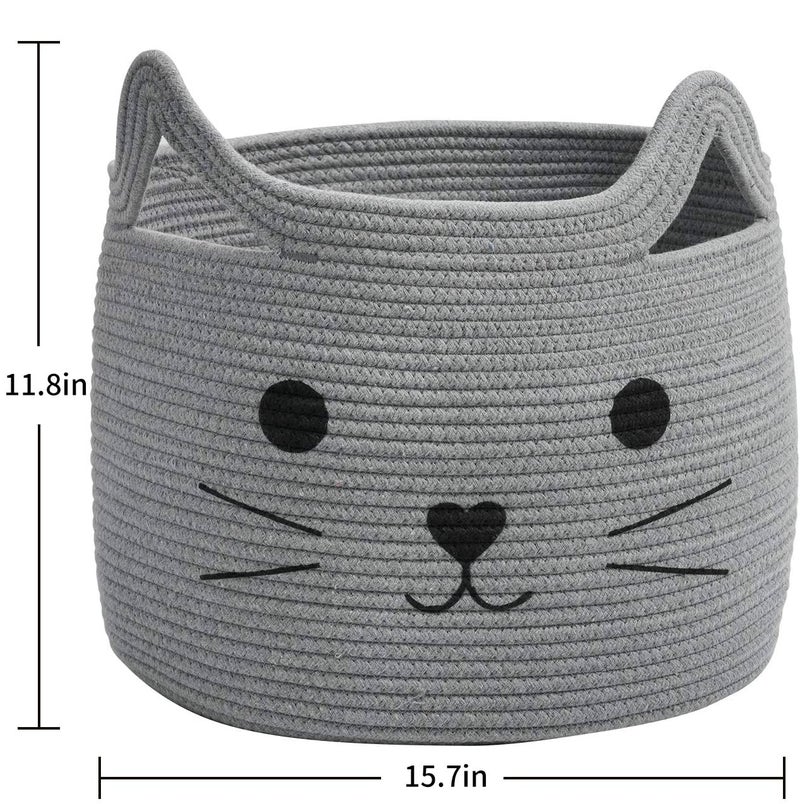 HiChen Large Woven Cotton Rope Storage Basket, Baby Laundry Basket Organizer for Towels, Blanket, Toys, Clothes, Gifts | Pet Gift Baskets for Cat, Dog - 15.7" LÃ—11.8" H, Gray - Image 4