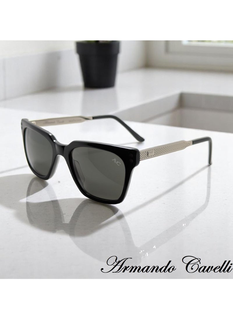 Armando Cavelli - Authentic Armando Cavalli sunglasses, crafted from carefully selected premium acetate for a luxurious look and longevity with extensive use. This model combines modernity and classic style, with a raw black acetate front and silver -plated metal temples to complete your luxury look. Comes with premium polymer lenses offer UV400 protection in a dark grey - Image 1
