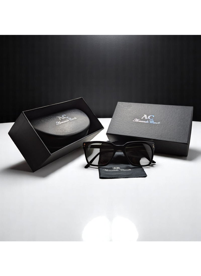 Armando Cavelli - Authentic Armando Cavalli sunglasses, crafted from carefully selected premium acetate for a luxurious look and longevity with extensive use. This model combines modernity and classic style, with a raw black acetate front and silver -plated metal temples to complete your luxury look. Comes with premium polymer lenses offer UV400 protection in a dark grey - Image 1