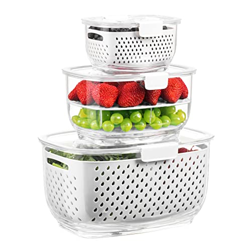 LUXEAR Fresh Produce Vegetable Fruit Storage Containers 3Piece Set, BPA-free, Partitioned Salad Container, Fridge Organizers, Used in Storing Fruits Vegetables, White - Image 1