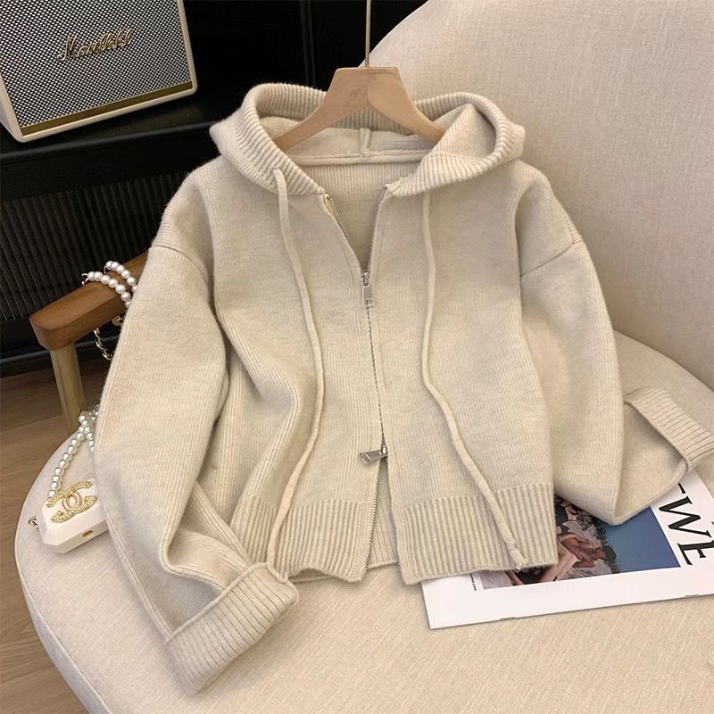 Hooded Cardigan Sweater Womens 2023 New Autumn Winter Loose Long Sleeve Zip Knit Jacket Apricot 