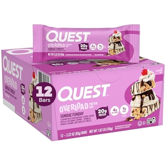 Quest Nutrition Overload Protein Bars, Sundae Funday, 20g Protein, 1g Sugar, 4g Net Carbs, Gluten Free, 12 Count - Image 1