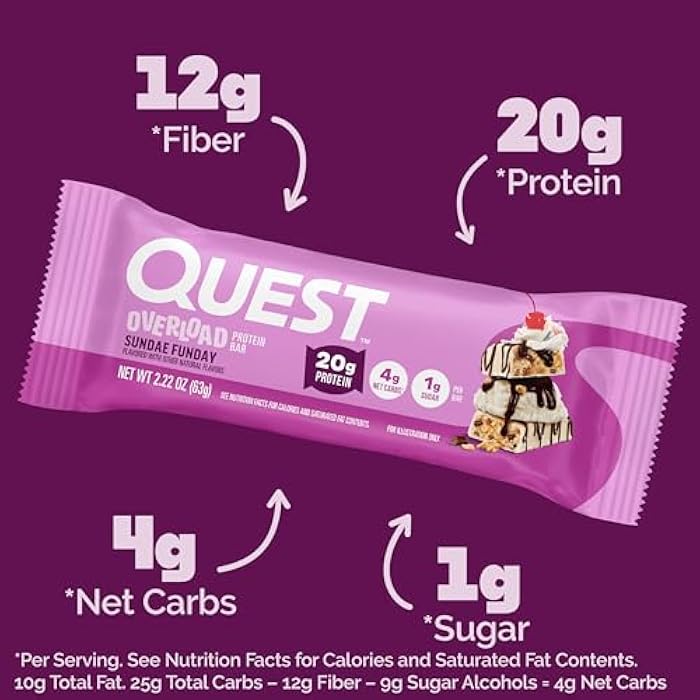 Quest Nutrition Overload Protein Bars, Sundae Funday, 20g Protein, 1g Sugar, 4g Net Carbs, Gluten Free, 12 Count - Image 2