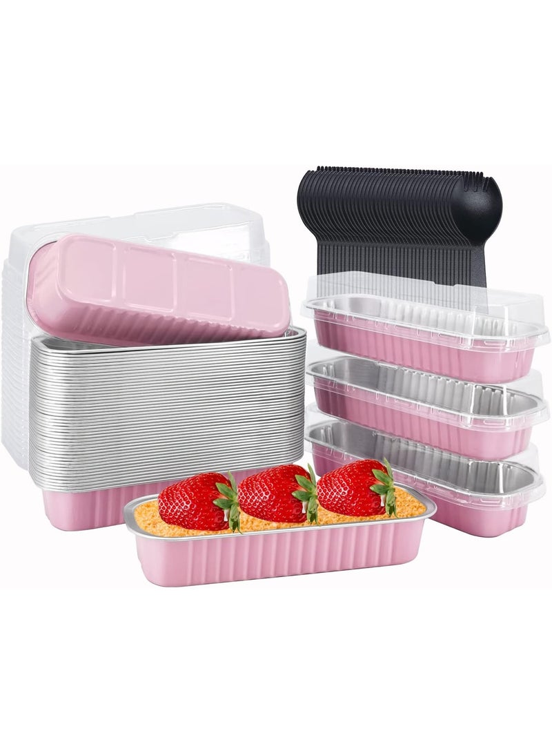 Soofam 50 Pack Mini Loaf Pans With Lids and Spoons, 6.8oz Rectangle Aluminum Foil Baking Pans Tins Containers,Disposable Ramekins Baking Cups Muffin Tins Cupcake Cups For Mini Cake Bread Loaf -Pink - Image 1
