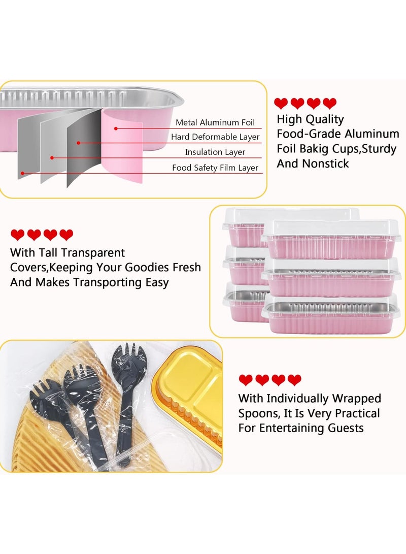 Soofam 50 Pack Mini Loaf Pans With Lids and Spoons, 6.8oz Rectangle Aluminum Foil Baking Pans Tins Containers,Disposable Ramekins Baking Cups Muffin Tins Cupcake Cups For Mini Cake Bread Loaf -Pink - Image 4