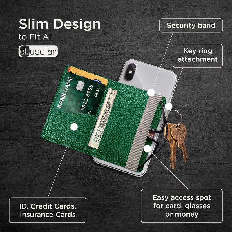 eLusefor Stick-On Phone Wallet for Back of iPhone or Android Case | 6 Sleeve Credit Card Holder - Pocket for Cards, Money & ID - Built-in Stand - Waterproof Material - Travel, Work & Life-Proof - Green - Image 2