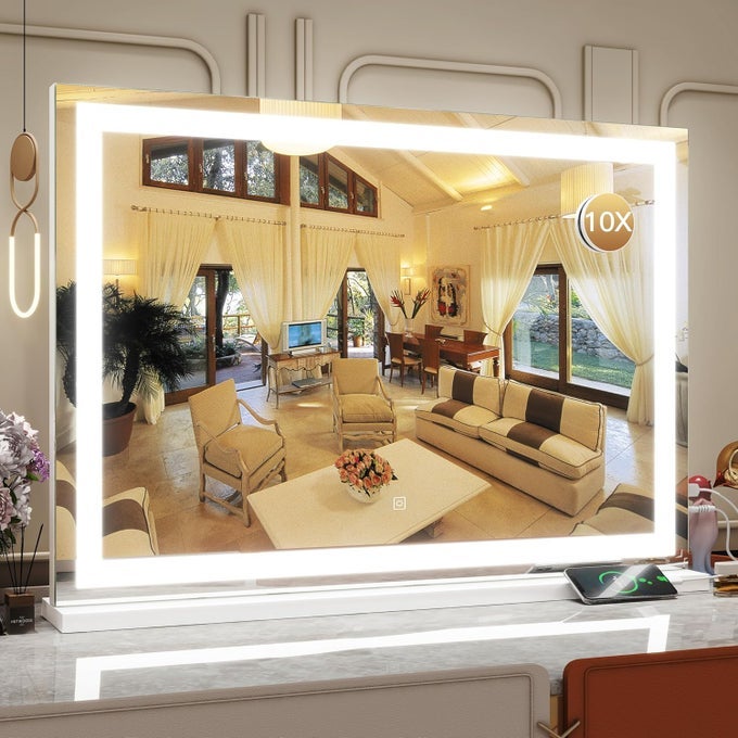 VANITY MIRROR WITH LIGHTS, 32" X 22" LARGE LIGHTED VANITY MIRROR WITH DIMMABLE 3 MODES, LED MAKEUP MIRROR, 10X MAGNIFICATION, USB CHARGING PORT, TABLETOP OR WALL-MOUNTED SQUARE WHITE