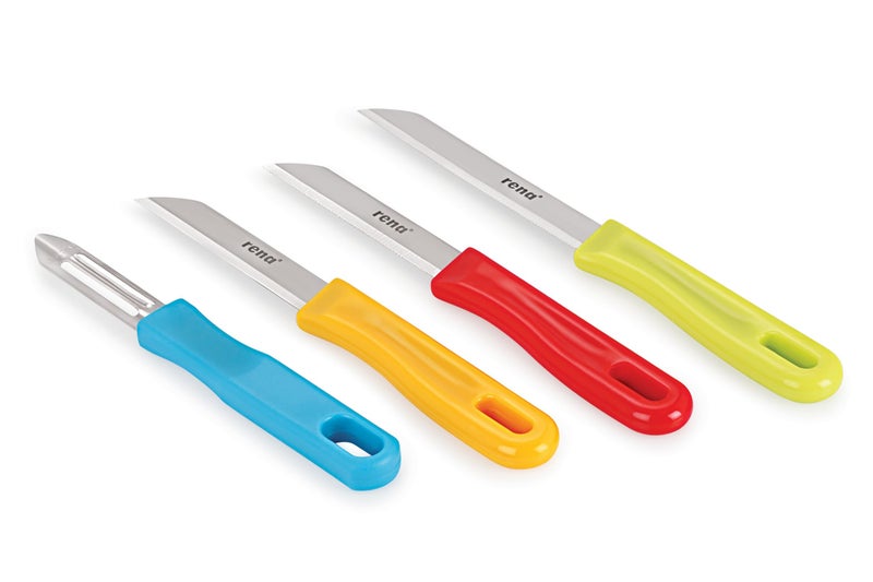 rena Stainless Steel Kitchen Knife Set – 4 Piece Set with 110mm Serrated Knife, 90mm Plain, 90mm Serrated Knife and Peeler for Kitchen Use, Sharp and Durable - Image 1