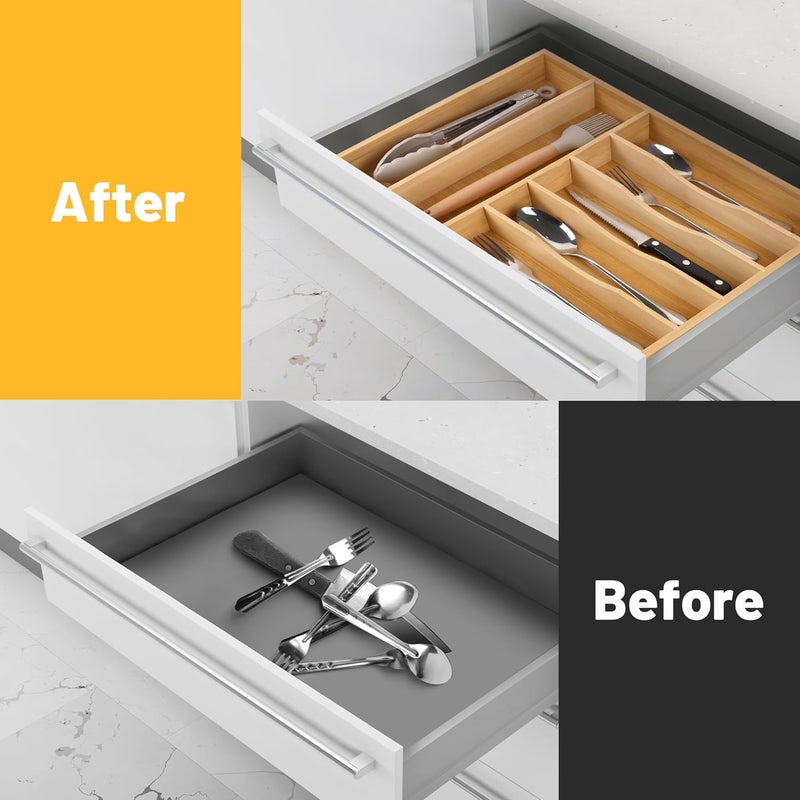 oridom Kitchen Bamboo Silverware Organizer, Kitchen Drawer Organizer - Utensil Holder and Cutlery Tray with Grooved Drawer Dividers for Flatware 7 Slot, Natural - Image 2