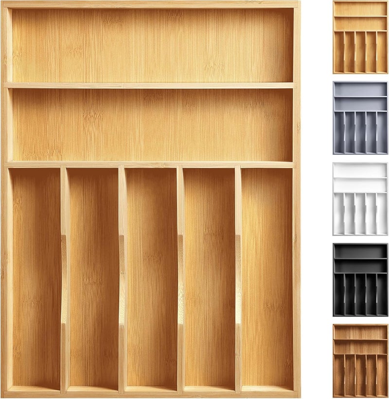oridom Kitchen Bamboo Silverware Organizer, Kitchen Drawer Organizer - Utensil Holder and Cutlery Tray with Grooved Drawer Dividers for Flatware 7 Slot, Natural - Image 1