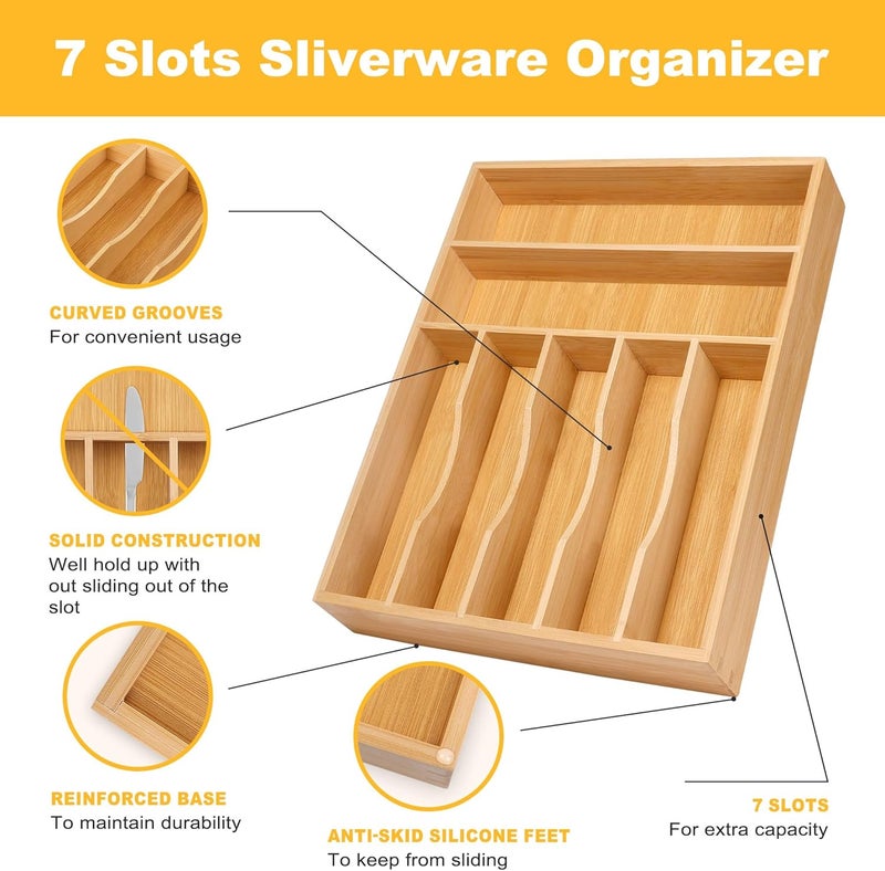 oridom Kitchen Bamboo Silverware Organizer, Kitchen Drawer Organizer - Utensil Holder and Cutlery Tray with Grooved Drawer Dividers for Flatware 7 Slot, Natural - Image 5