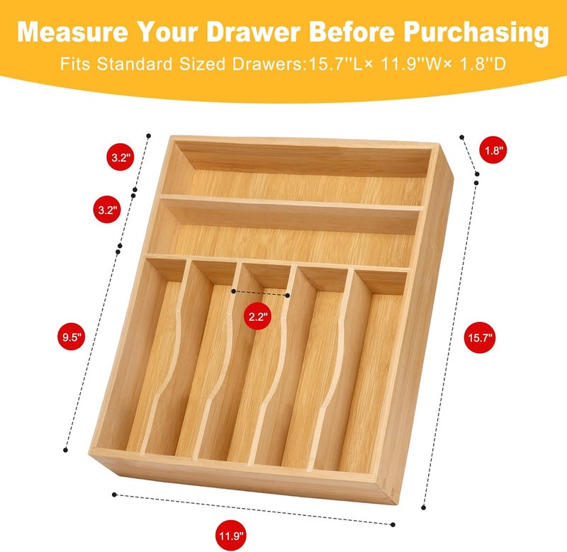 oridom Kitchen Bamboo Silverware Organizer, Kitchen Drawer Organizer - Utensil Holder and Cutlery Tray with Grooved Drawer Dividers for Flatware 7 Slot, Natural - Image 3