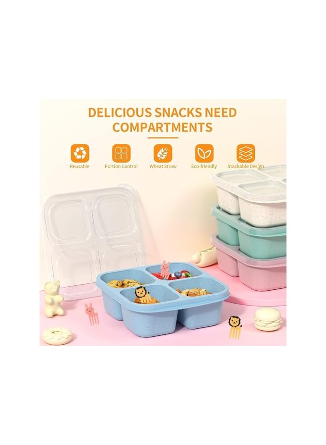 Green Tiger Bento Snack Boxes 4 Pack,Reusable Bento Boxes Kids with 4 Compartments & Fork,Lunch Snack Containers for Kids Adults,Divided Food Storage Containers for School Work Travel - Image 3