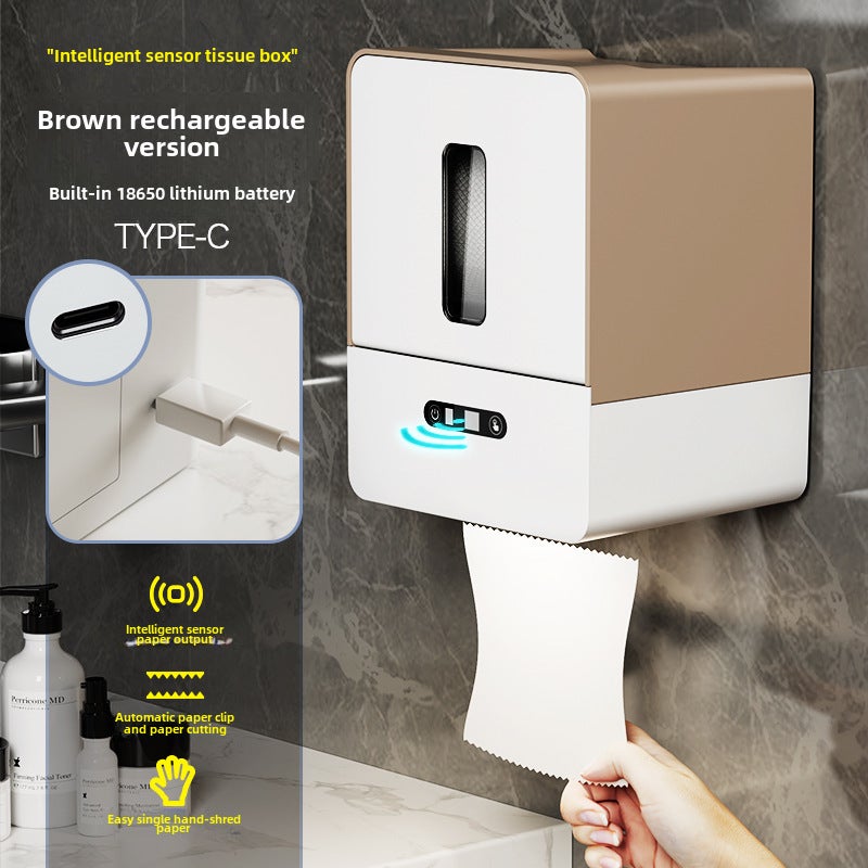 Intelligent induction tissue box automatic paper discharge machine electric wall-mounted roll paper toilet paper box toilet toilet tissue machine(Brown rechargeable version) - Image 1