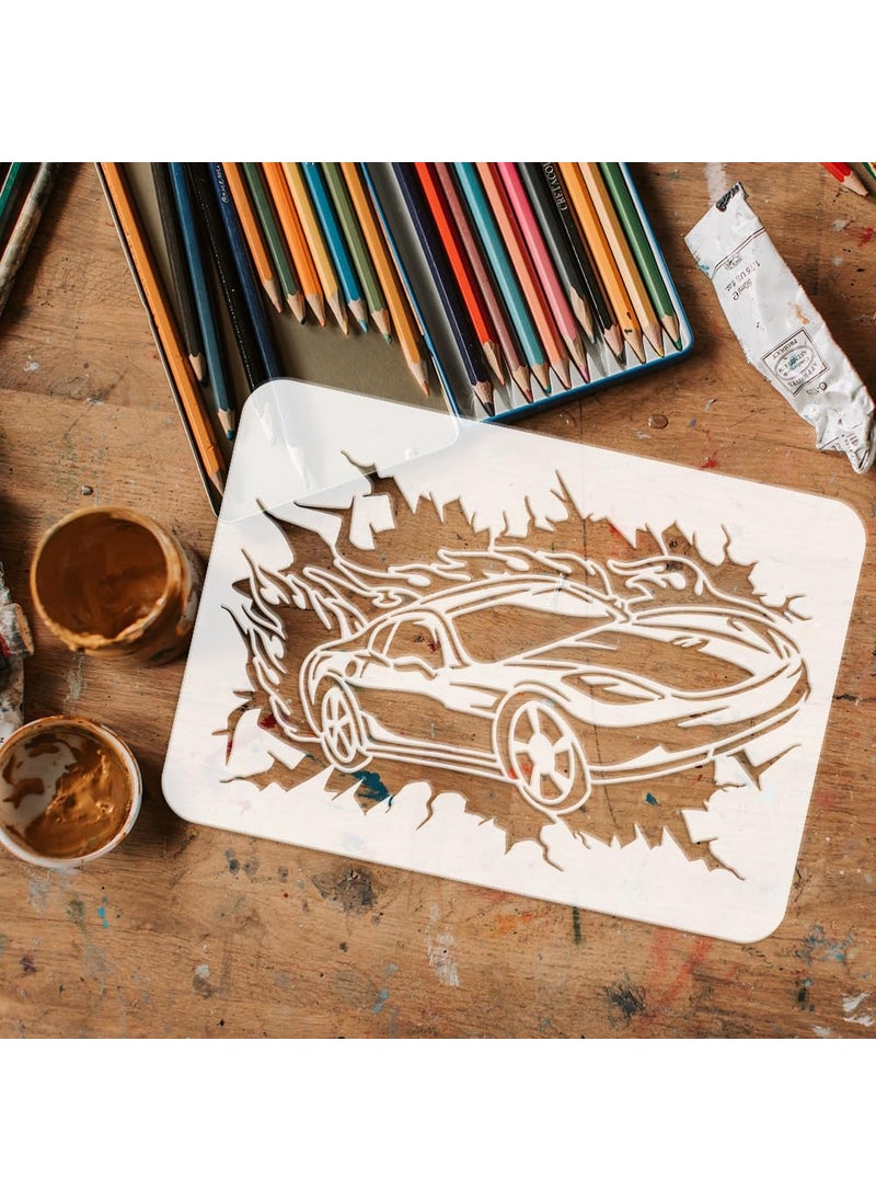 FINGERINSPIRE - FINGERINSPIRE Leap Car Painting Stencil 8.3x11.7 inch Hollowed Broken Wall Drawing Template Plastic PET Fire Car Pattern Stencil for Painting Transportation Theme Template for DIY Wood Fabric Decor - Image 1