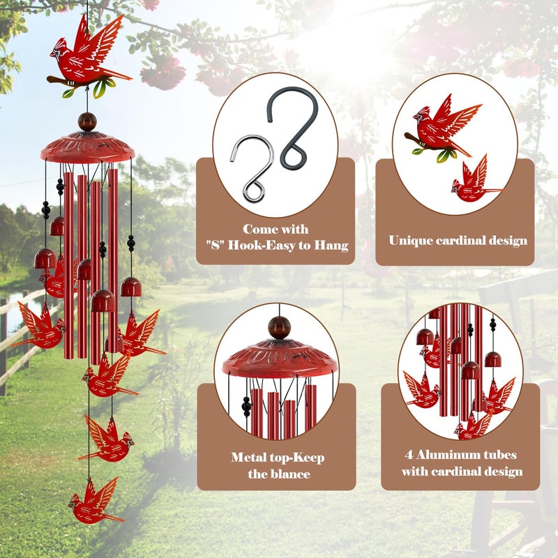 Howarmer Cardinal Wind Chimes for Outside, Cardinals Gifts for Women,Memorial/Birthday Gifts for Grandma Mom, Metal Red Bird Windchimes with Soothing Tones, Christmas Outdoor Decor for Garden Patio Yard (35") - Image 3