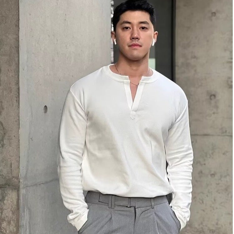 Autumn and Winter V-neck Design Solid Color Long Sleeve Fashionable Threaded Top Casual Base Shirt Fitness Training Quick-drying Men's T-shirt