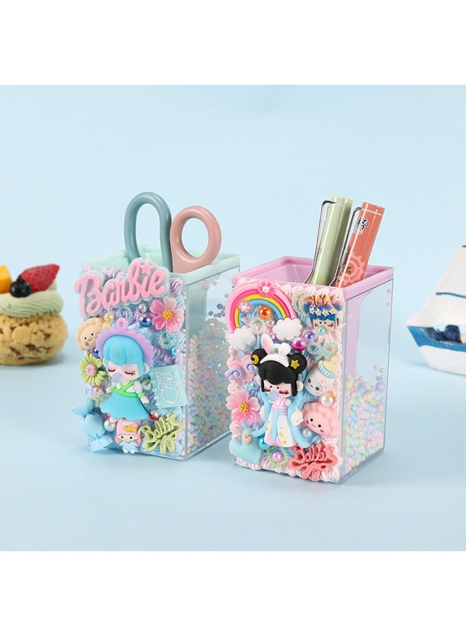 Creative DIY Children's Transparent Creamy Glue Pen Holder Material Kit Girls Handmade Craft Gift Intellectual Development-Color:Pen Container-mermaid Material Package