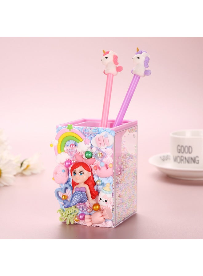 Creative DIY Children's Transparent Creamy Glue Pen Holder Material Kit Girls Handmade Craft Gift Intellectual Development-Color:Pen Container-mermaid Material Package