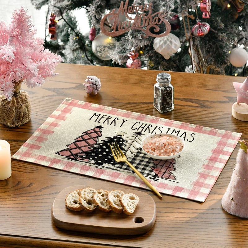 Artoid Mode Waterclor Pink Buffalo Plaid Christmas Trees Placemats Set of 4  12x18 Inch Winter Table Mats for Outdoor Home Party Kitchen Dining Decor - Image 2