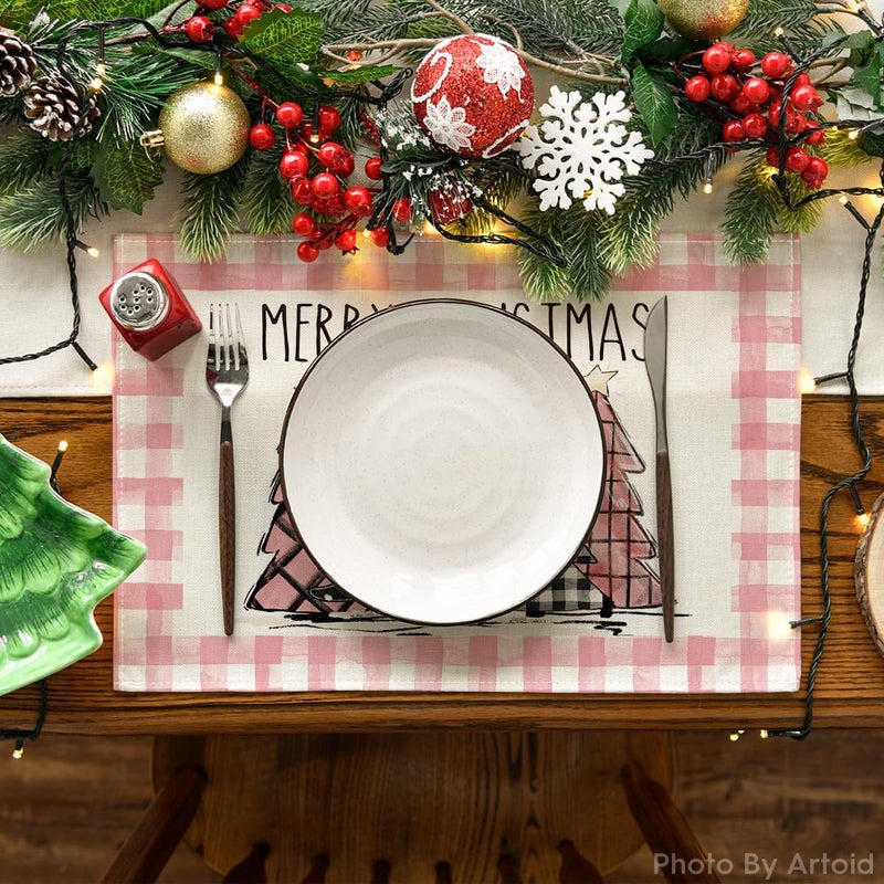 Artoid Mode Waterclor Pink Buffalo Plaid Christmas Trees Placemats Set of 4  12x18 Inch Winter Table Mats for Outdoor Home Party Kitchen Dining Decor - Image 1